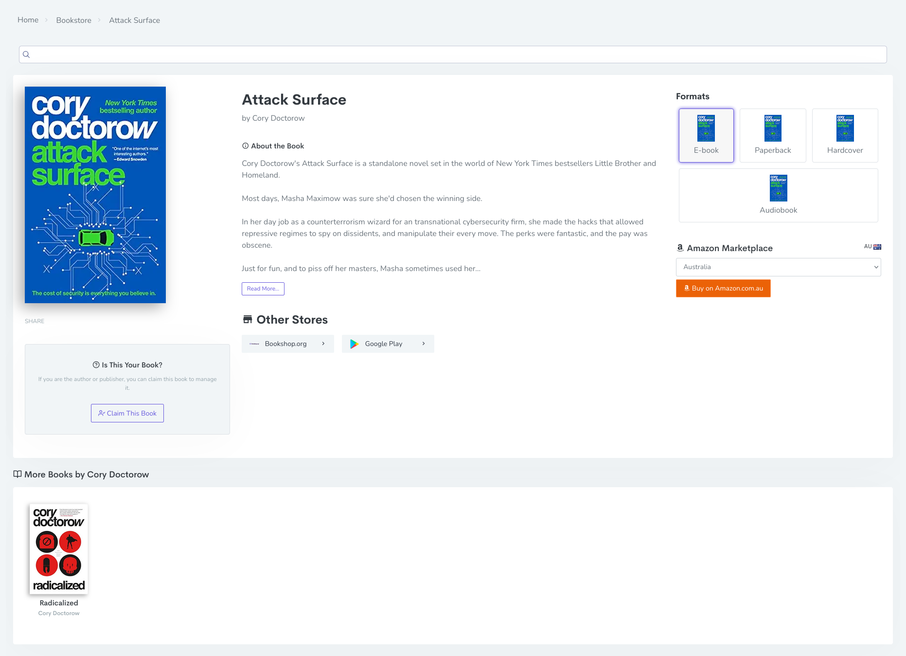 GetMyBook.store sales page for Cory Doctorow's Attack Surface book